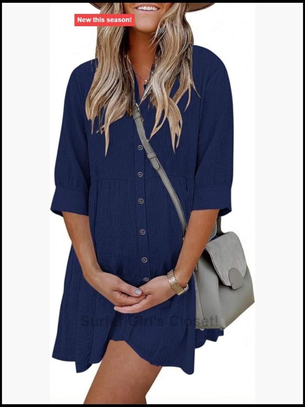 3/4 Sleeve Babydoll Mini Dress V-Neck Button Down Sundress Summer Casual